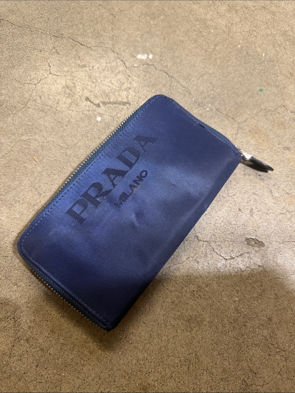 Prada Navy Zip Wallet with Black Logo